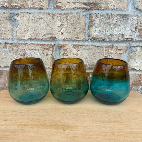 3 Stemless Hand Blown Art Recycled Glass Amber Sea Blue Thick Drinking Glasses - Picture 4 of 12